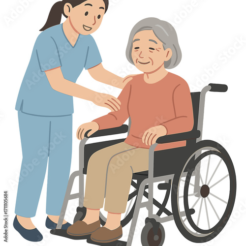 A caregiver assists an Asian elderly woman with a disability who is seated in a wheelchair in the hospital