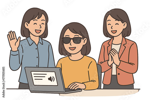 The workplace features happy Asian female co‑workers, including a blind employee who uses a laptop with a screen‑reader program to accommodate visual impairments, exemplifying disability inclusion