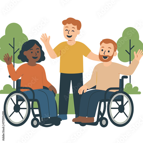 Joyful wheelchair users enjoying the park, a disabled individual, and the idea of friendship