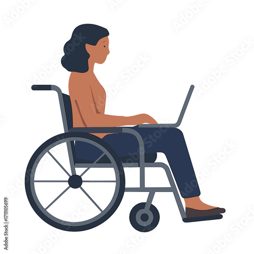 A woman in a wheelchair is working, highlighting her handicap and disability