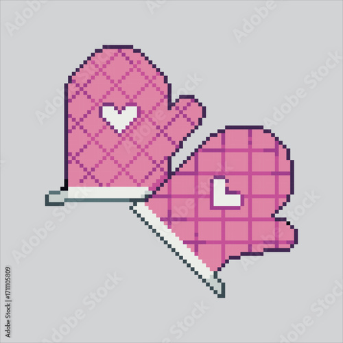 Pixel art illustration Oven Mitts. Pixelated Kitchen Gloves. Kitchen Oven Mitts Gloves Icon pixelated for the pixel art game and icon for website and video game. old school retro.