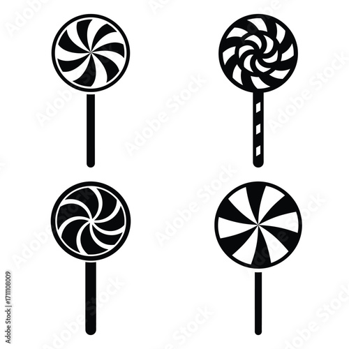 christmas candy lollipop icon set, black color  and white background