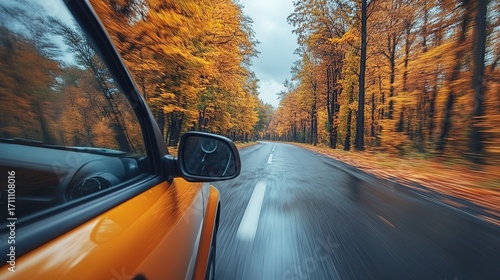 Wallpaper Mural Autumn Road Trip: Blurry View from Car Window with Golden - Hued Trees Torontodigital.ca