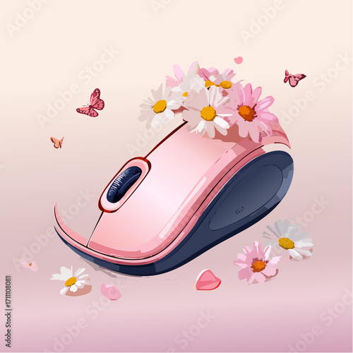 A delicate pink computer mouse adorned with blooming daisies and fluttering butterflies, evoking a sense of spring and gentle technology