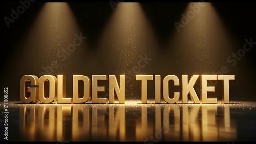 Golden ticket words in shimmering gold illuminated by spotlights, symbolizing exclusivity, access, and winning.
