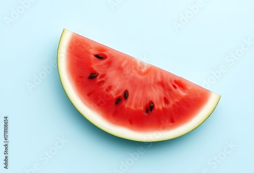 Minimalist 8k food photo of a watermelon slice on a clean, pastel blue background.