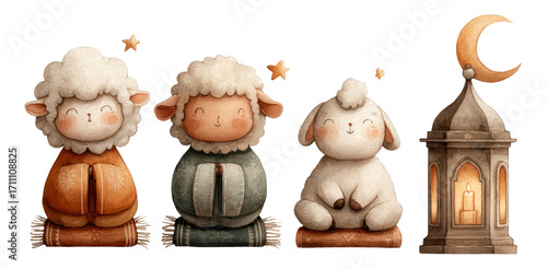 Charming Cartoon Sheep Characters with Lantern and Stars in Cozy Style