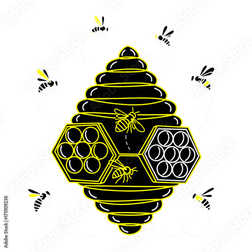 Illustration of a beehive with honeycombs and bees flying around the hive vector graphic design art print