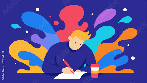 Emotional Expression A writer expressing deep emotions while penning a story with vibrant colors and abstract shapes flowing from their mind symbolizing creativity and passion.
