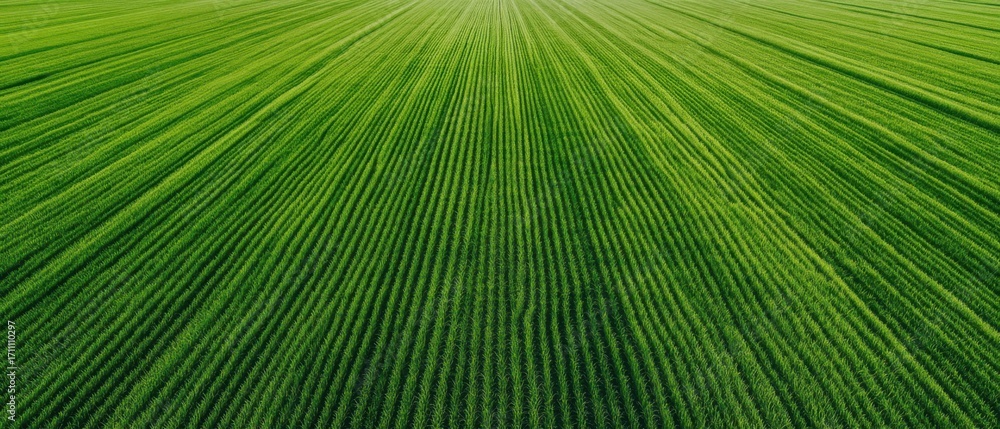 Obraz premium Expansive Green Field with Straight Rows of Freshly Grown Crops