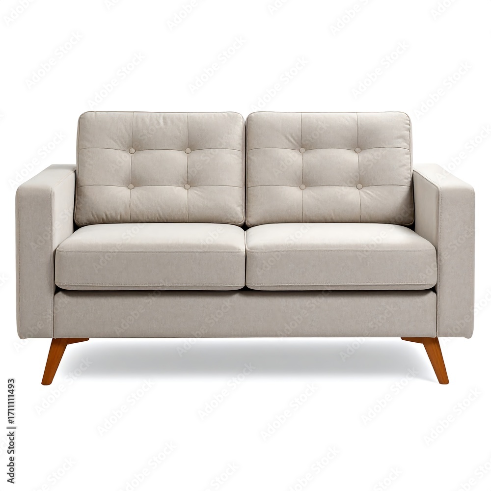 Fototapeta premium Beige two-seater sofa with wooden legs