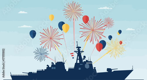 Silhouette of a warship with fireworks and balloons, a celebration scene.