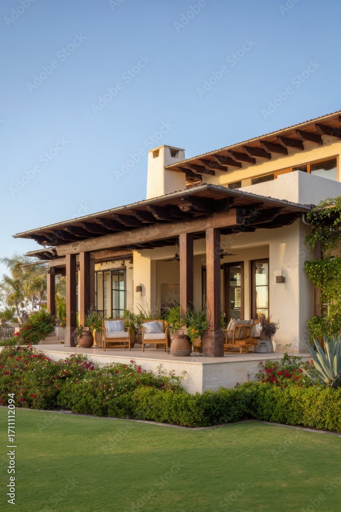 Fototapeta premium A tranquil scene of a contemporary villa featuring a generous porch, surrounded by vibrant, lush gardens, basking in the warm glow of the early evening sun
