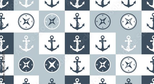Nautical themed seamless pattern featuring anchors and compasses.
