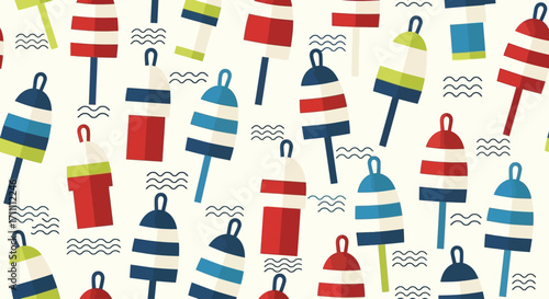 A repeating pattern of colorful nautical buoys and stylized wave elements against a light background.