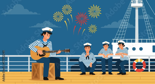A sailor plays guitar for his crew on a ship's deck, enjoying fireworks.