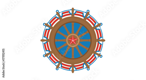 A stylized, circular emblem featuring a ship's wheel with red and blue accents and a central star.