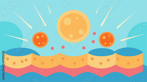 Energy Burst An illustration of tired skin cells absorbing energy from exosomes illustrated as vibrant rays of light symbolizing the energy boost and regeneration.