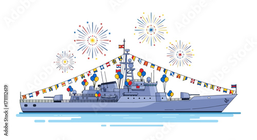 Festive warship decorated with flags and fireworks celebrating a naval achievement.