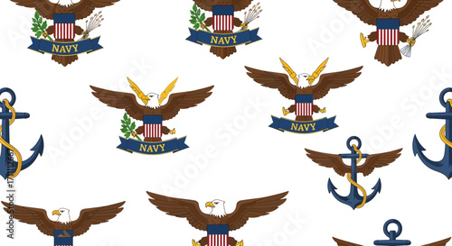 A repeating pattern of United States Navy emblems, featuring eagles with shields and anchors with ropes.