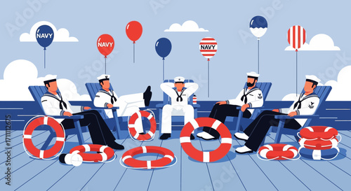 Illustration of Navy sailors in uniform relaxing on a deck with patriotic balloons and lifebuoys.