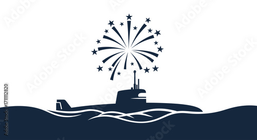 Silhouette of a submarine with fireworks display above the ocean surface, celebrating.
