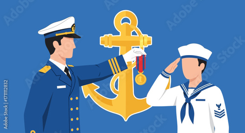 An officer bestowing a medal upon a sailor, symbolizing recognition and honor.