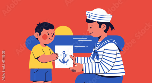 A friendly sailor presents a drawing of an anchor to a child, a heartwarming scene of mentorship and creativity.