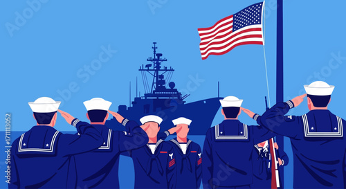 Sailors salute, warship and American flag backdrop.