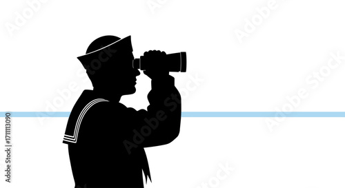A silhouette of a sailor in uniform looking through binoculars at the sea horizon.