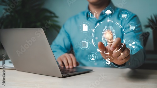 Modern professional securing online data with biometric fingerprint scan and laptop for cybersecurity, e-commerce, and fintech solutions in bright office