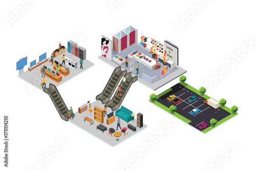 Isometric of the Interior of a Shopping Mall Vector Illustration