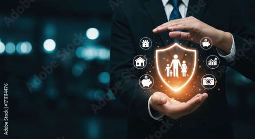 A person in a suit holds a glowing shield with a family icon surrounded by security icons in a dark office environment