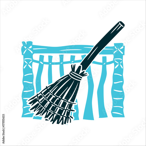 Stylized Broom Illustration with Curtain Backdrop broom besom a traditional birch broom