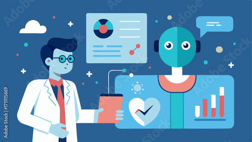 AI Control Interface An overlay of an AI control interface with data analytics and predictive tools presented alongside a doctor who is discussing strategies with a robotic