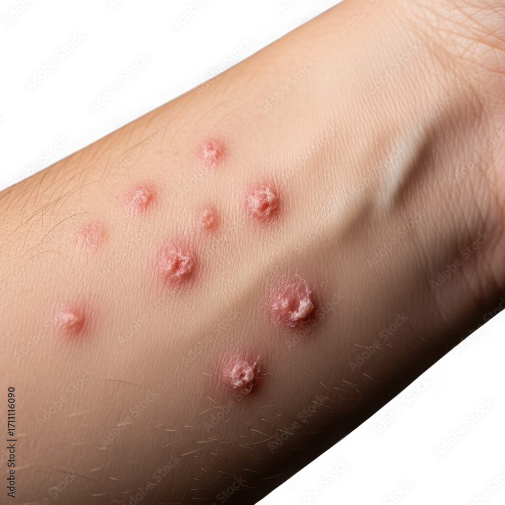 Fototapeta premium Closeup of a human arm showing multiple red, raised, and scabby lesions, indicative of a skin condition like monkeypox, isolated on a transparent background