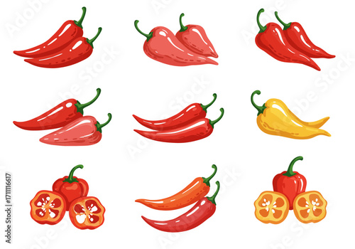 Colorful Assortment of Cartoon Style Chili Peppers with Green Stems.