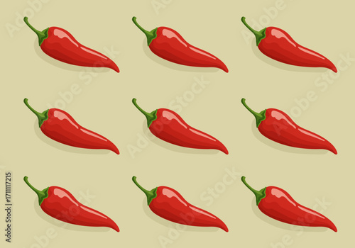 Pattern of Red Chili Peppers with Green Stems on Beige Background.