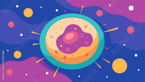 Cellular Burst An abstract representation of a skin cell with vibrant exosomes surrounding it illustrating the process of cell rejuvenation and renewal.