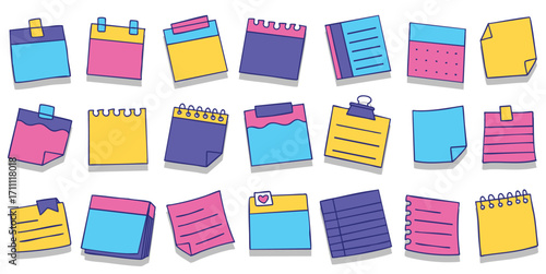 Set of hand drawn cute blank paper notes doodle vector illustration