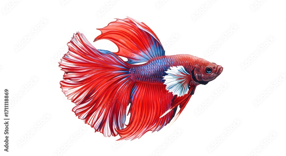 Obraz premium Vibrant red and blue Betta fish displays elegant flowing fins, a symbol of beauty and power in aquatic life