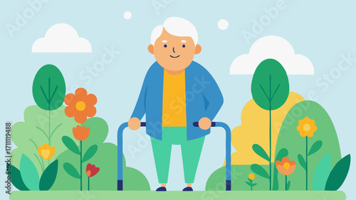Elderly Person with Walker A senior individual using a wheeled walker smiling and surrounded by flowering plants in a park setting.