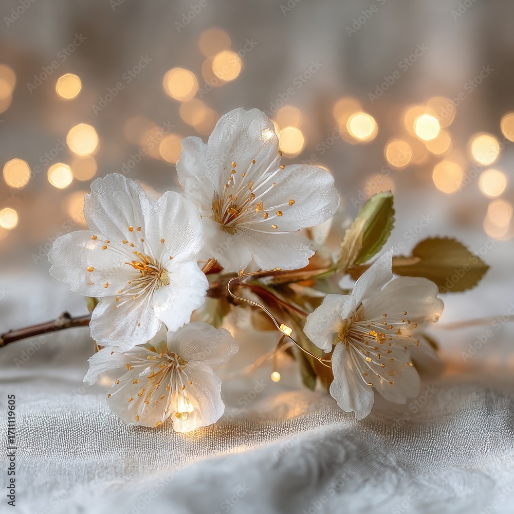 Fototapeta premium Delicate white cherry blossom branch with soft glowing bokeh lights.