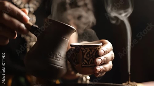 Close up Ethiopian woman serving coffee incense smoke cinematic UHD handheld African cultural lifestyle stock video. portrait ethiopia female offering beverage aroma filmic