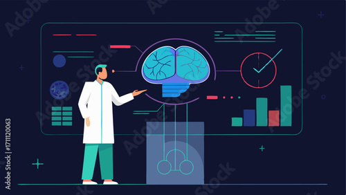 Brain Scan Display A healthcare professional analyzing a holographic brain scan with various highlighted areas indicating activity and health data metrics.