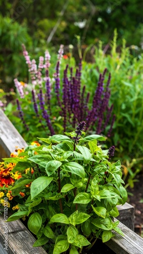 Wallpaper Mural Vibrant herb garden bed, with purple and pink flowers, and fresh basil Torontodigital.ca