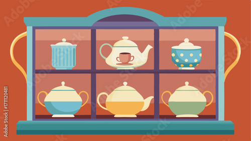 A glass display case filled with delicate teapots and teacups.