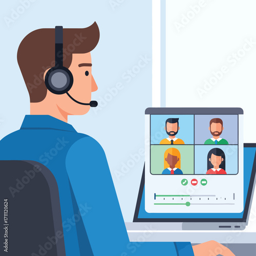Man with headset participating in an online video conference meeting.