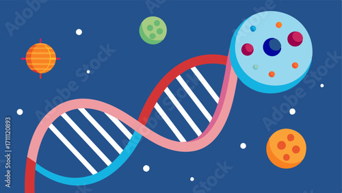 DNA Helix An illustrated DNA helix wrapped around exosomes and retinol molecules symbolizing the regeneration and repair of skin at the genetic level through their combined effect.