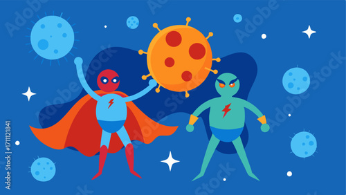 Dynamic Duo A playful depiction of exosomes and skin cells as superhero partners with capes and stars working together to enhance skin turnover.